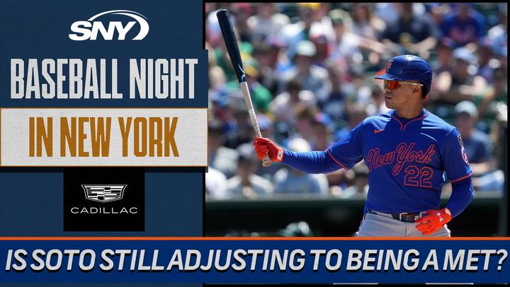 "Juan Soto in a New York Mets uniform, batting during Baseball Night in NY. Is Soto adjusting?"